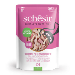 Schesir Cat Tuna and Chicken with Ham 85g - tuunikala, kanafilee ja sink želees