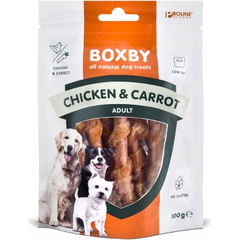 BOXBY CHICKEN & CARROT STICKS 100G - papildbarība pieaugušiem suņiem, ar vistas gaļu un burkāniem.