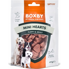 BOXBY PUPPY SNACKS MINI HEARTS 100G - papildus barība  kucēniem un pieauguš. suņiem, sirsniņas ar vistas gaļu un zivīm.