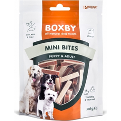 BOXBY CHICKEN MINI BITES PUPPY&ADULT 100G - papildbarība  kucēniem no 3 mēn.un pieaugušiem suņiem. Ar vistu un zivīm.