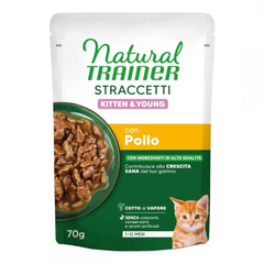 NATURAL TRAINER WET CAT STRACCETTI KITTEN CHICKEN 70 G - tasakaalustatud toit kassipoegadele vanuses 1 kuni 12 kuud. Kana tükid kastmes.