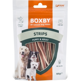BOXBY STRIPS FOR DOGS 100G - täiendsööt kutsikatele alates 3 kuust ja täiskasvanud koertele, kanaliha ja kalaga.