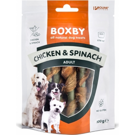 BOXBY KANA & SPINATI TIKUD 100G - täiendsööt täiskasvanud koertele, kanalihaga ja spinatiga.