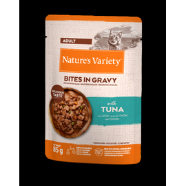 NATURE`S VARIETY Cat Bites in Gravy with Tuna 0.085 kg - täisväärtuslik toit, konservid täiskasvanud kassidele. Aurutatud tuunikalatükid õrnas kastmes.