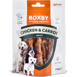 BOXBY CHICKEN & CARROT STICKS 100G - täiendav toit täiskasvanud koertele, kanalihaga ja porganditega.