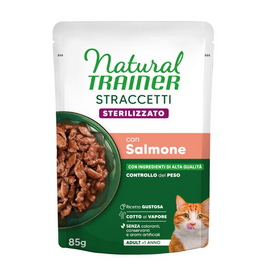 NATURAL TRAINER WET CAT STRACCETTI STERILIZED SALMON 85 G  - корм для взрослых стерилизованных кошек, кусочки с лососем в соусе.
