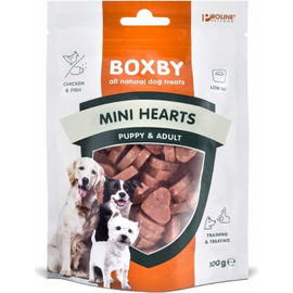 BOXBY PUPPY SNACKS MINI HEARTS 100G - lisatoit kutsikatele ja täiskasvanud koertele, südamekujulised küpsised kanaliha ja kalaga.