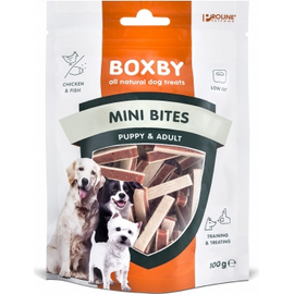 BOXBY CHICKEN MINI BITES PUPPY&ADULT 100G - täiendav toit kutsikatele alates 3 kuust ja täiskasvanud koertele. Kanaga ja kalaga.