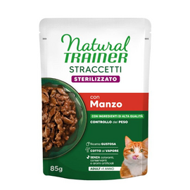 NATURAL TRAINER WET CAT STRACCETTI STERILIZED BEEF 85 G - влажный корм для взрослых стерилизованных кошек, кусочки говядины в соусе.