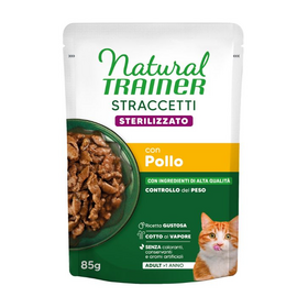 NATURAL TRAINER WET CAT STRACCETTI STERILIZED CHICKEN 85 G - влажный корм для взрослых стерилизованных кошек, кусочки курицы в соусе