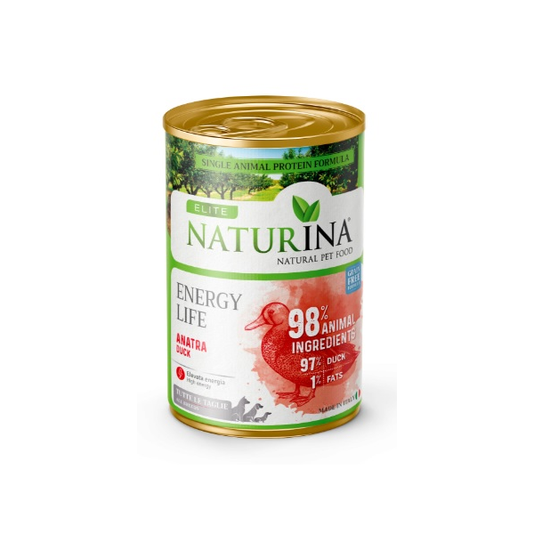 ELITE ENERGY LIFE MONO DUCK WITH ORANGE AND GINSENG GF 400G — беззерновые консервы для взрослых собак всех пород с уткой