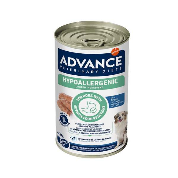 ADVANCE VETERINARY DIET DOG HYPOALLERGENIC TROUT 400G - KONSERV TOIDUTALUMATUSE JA ALLERGIATEGA KOERTELE