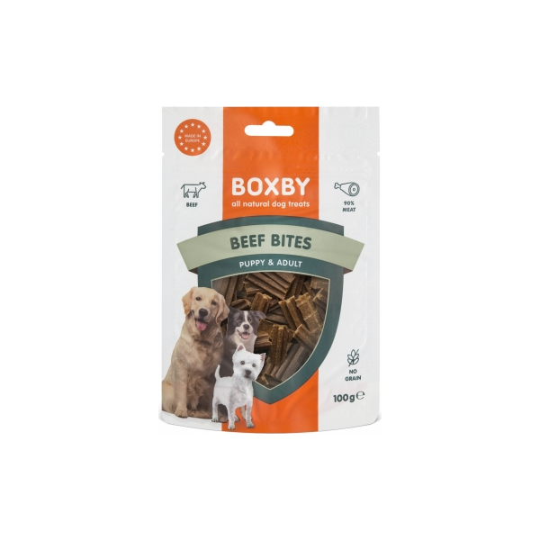 Boxby Beef Bites 100g - täiendsööt täiskasvanud koertele, veiseliha tükid. Suurepäraselt sobivad koera koolitamiseks ja premeerimiseks.