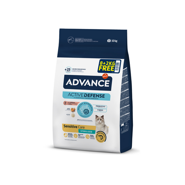 ADVANCE CAT STERILIZED SENSITIVE CARE SALMON 8+2kg - täisväärtuslik kuivtoit steriliseeritud täiskasvanud kassidele vanuses 1 kuni 10 aastat, tundliku seedesüsteemiga. Lõhega.