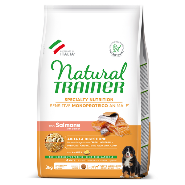 NATURAL TRAINER DOG SENSITIVE NO GLUTEN PUPPY&JUNIOR MEDIUM/MAXI SALMON 3KG - täisväärtuslik ja tasakaalustatud toit keskmise ja suure tõuga kutsikatele