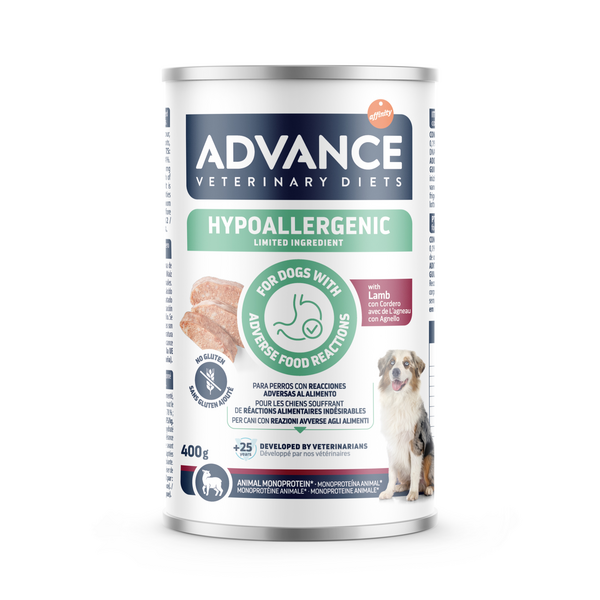 ADVANCE VETERINARY DIET DOG Hypoallergenic LAMB 400gr - täisväärtuslik ja tasakaalustatud dieettoit, mis on mõeldud kõigi suuruste koertele, kellel on toiduallergiad. 
See on valmistatud lambaliha kui ainsa loomse valguallika ja valitud