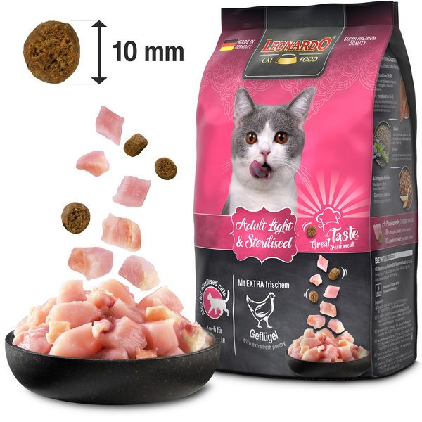 LEONARDO ADULT LIGHT&STERILISED POULTRY 7.5KG - СУХОЙ КОРМ ДЛЯ СТЕРИЛИЗОВАННЫХ КОШЕК И КОШЕК С ИЗБЫТОЧНЫМ ВЕСОМ