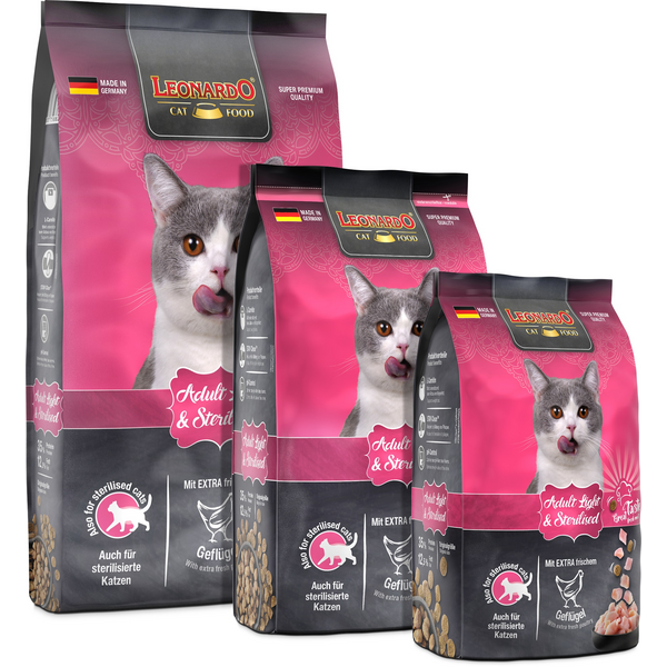 LEONARDO ADULT LIGHT&STERILISED POULTRY 7.5KG - СУХОЙ КОРМ ДЛЯ СТЕРИЛИЗОВАННЫХ КОШЕК И КОШЕК С ИЗБЫТОЧНЫМ ВЕСОМ, изображение 3