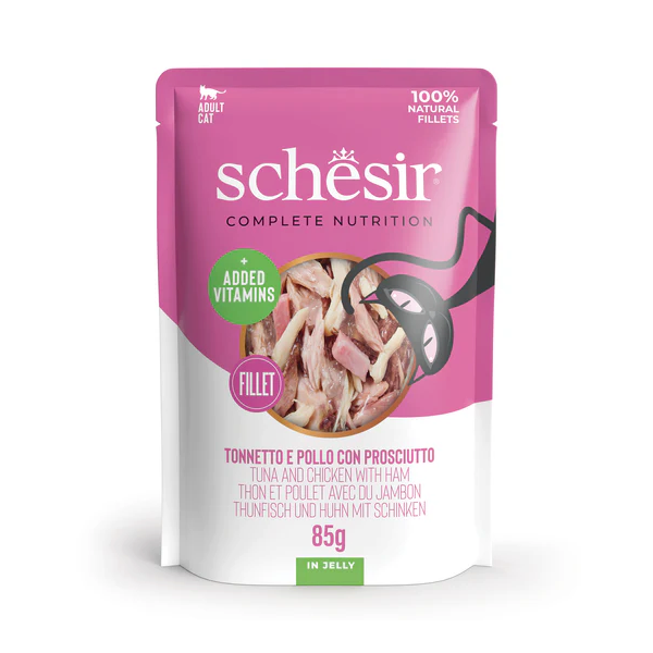 Schesir Cat Tuna and Chicken with Ham 85g - tuunikala, kanafilee ja sink želees