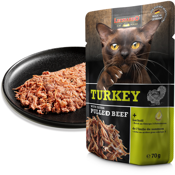 LEONARDO märgtoit kassidele kalkuniliha ja rebitud veiselihaga 70 g