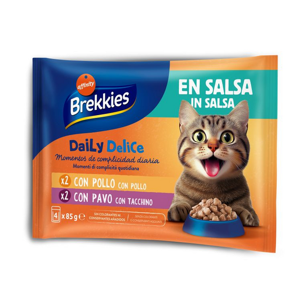 Brekkies Daily Delice Wet Cat Adult Chicken & Turkey 4x85 gr - konserv kaaslastele kassidele, mis sisaldavad kana või kalkunit.