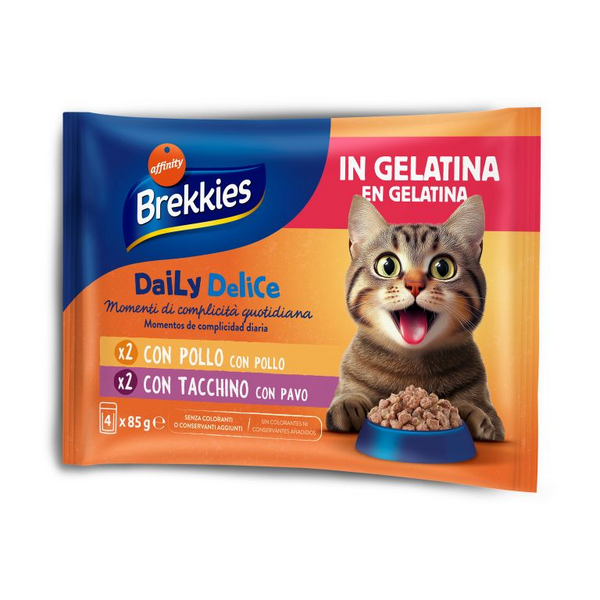 Brekkies Daily Delice Wet Cat Jelly Adult Chicken&Turkey 4x85 gr - konservid želees täiskasvanud kassidele, kanaliha või kalkunilihaga.