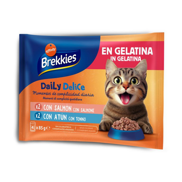 Brekkies Daily Delice Wet Jelly Adult Salmon & Tuna 4x85 gr - konservid želees täiskasvanud kassidele, lõhe või tuuniga