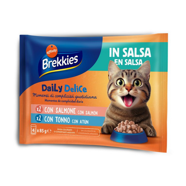 Brekkies Daily Delice Wet Cat Adult Salmon & Tuna 4x85 gr - täiskasvanud kassidele mõeldud konserv, lõhe ja tuunaga.