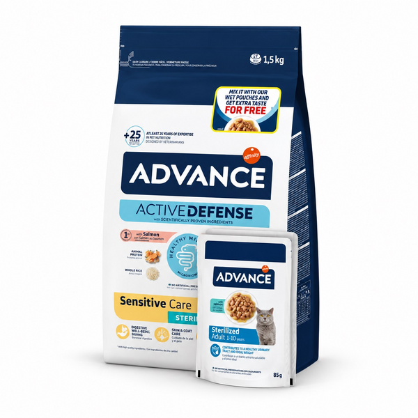 Adv cat adult sterelized sensitive 1,5 кг + 2 WETSTZ COD - полнорационный сухой и влажный корм для взрослых стерилизованных кошек от 1 до 10 лет с чувствительной пищеварительной системой. С лососем.