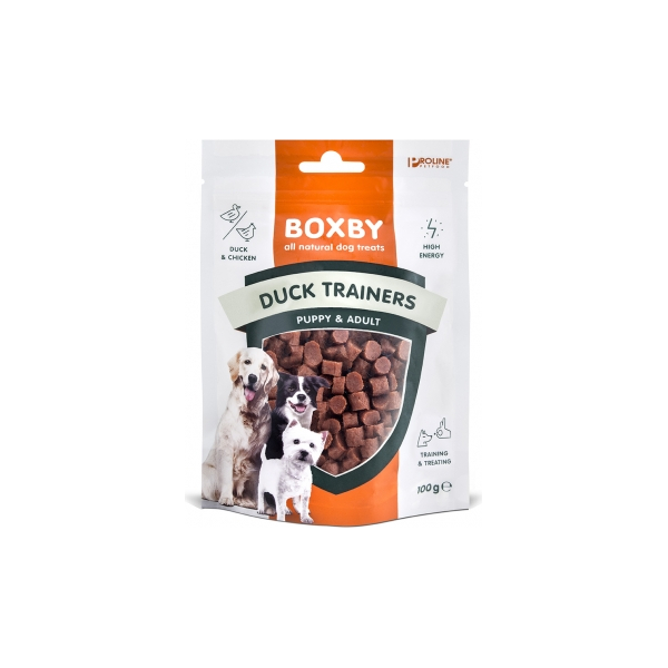 BOXBY DUCK TRAINERS 100g - täiendav toit kutsikatele ja täiskasvanud koertele, tükid pardilihaga.