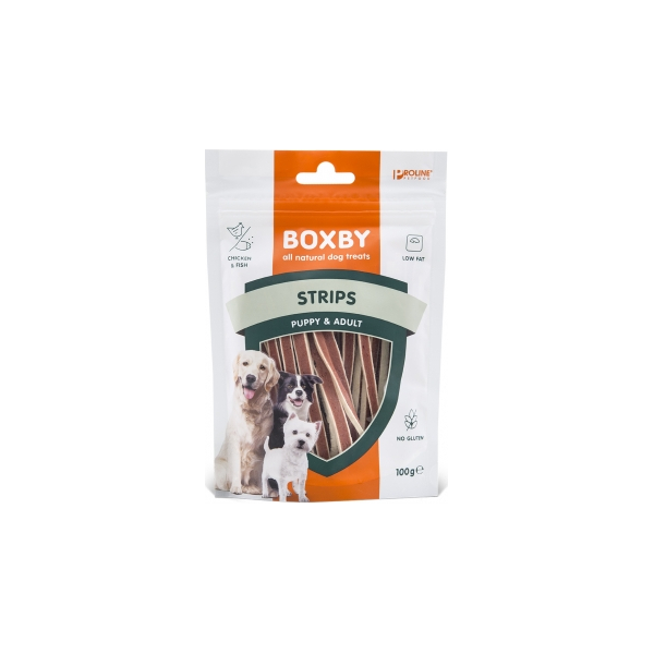 BOXBY STRIPS FOR DOGS 100G - täiendsööt kutsikatele alates 3 kuust ja täiskasvanud koertele, kanaliha ja kalaga.