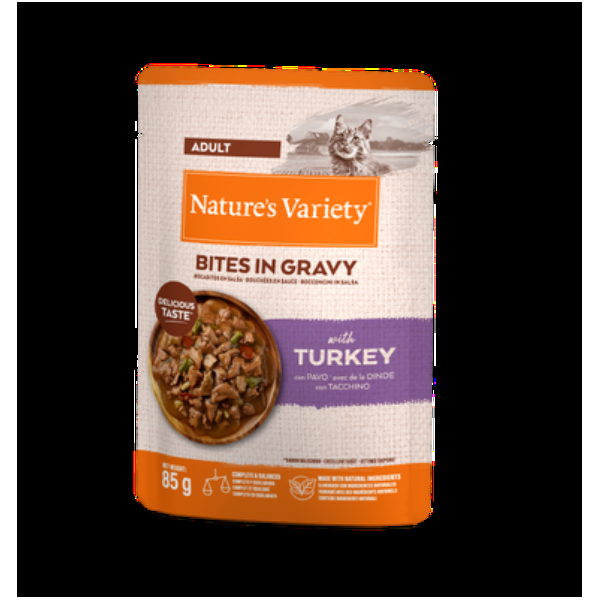 NATURE`S VARIETY Kassijooned kalkuniga 0.085 kg - täisväärtuslik toit täiskasvanud kassidele, konserveeritud, aurutatud kalkuniliha tükkidena õrnas kastmes.