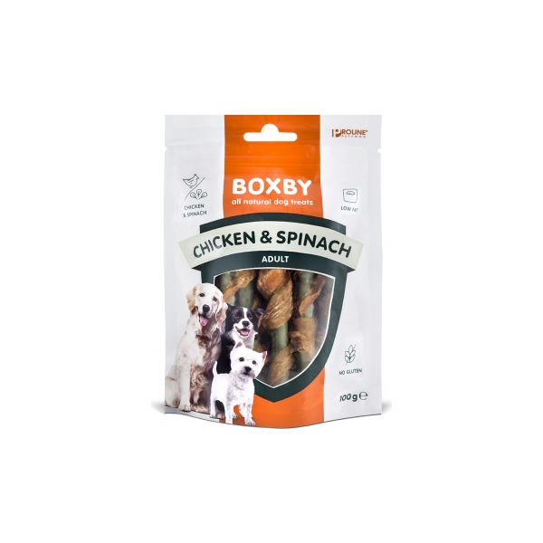 BOXBY KANA & SPINATI TIKUD 100G - täiendsööt täiskasvanud koertele, kanalihaga ja spinatiga.