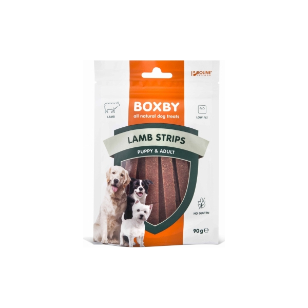 BOXBY LAMMA RIBAD KOERTELE 90G - täiendsööt kutsikatele ja täiskasvanud koertele, tükid lambalihaga.