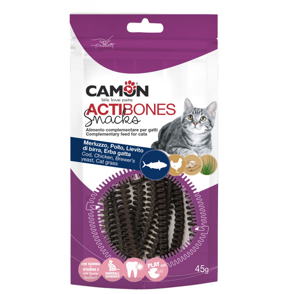 CAMON Actibones 45g - täiendav toit täiskasvanud kassidele, maius roosa lõhe, lõhe ja kassitänavaga