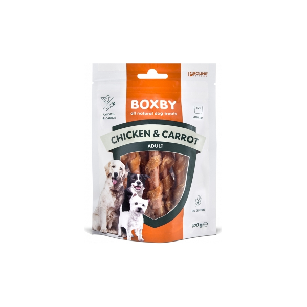 BOXBY CHICKEN & CARROT STICKS 100G - täiendav toit täiskasvanud koertele, kanalihaga ja porganditega.