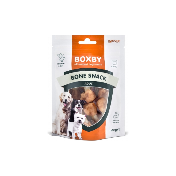 BOXBY BONE SNACK 100 г - дополнительный корм для взрослых собак, кости с гантелями из куриного мяса с каждой стороны.