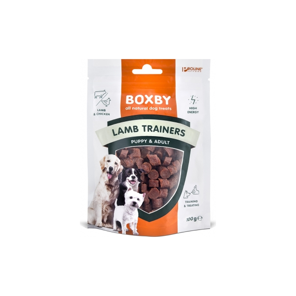 BOXBY LAMB TRAINERS PUPPY & ADULT 100g  - toidulisand kutsikatele alates 3. kuust ja täiskasvanud koertele, lamba- ja kanalihaga.
