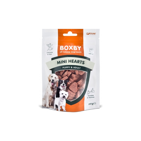 BOXBY PUPPY SNACKS MINI HEARTS 100G - lisatoit kutsikatele ja täiskasvanud koertele, südamekujulised küpsised kanaliha ja kalaga.