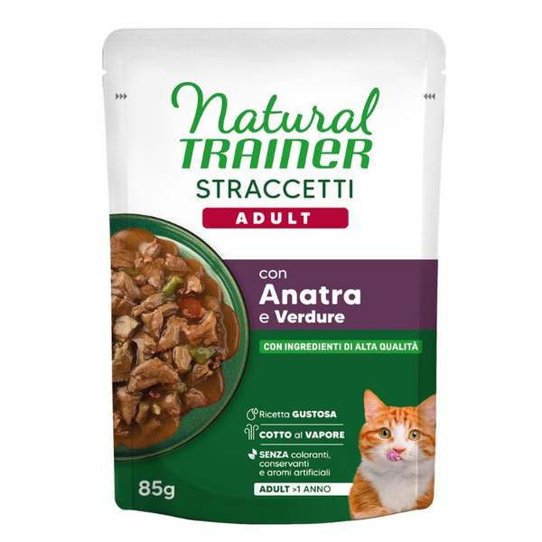 NATURAL TRAINER WET CAT ADULT DUCK 85 G - mitrā pilnvērtīga un sabalansēta barība pieaugušiem kaķiem, pīles gaļas gabaliņi mercē.