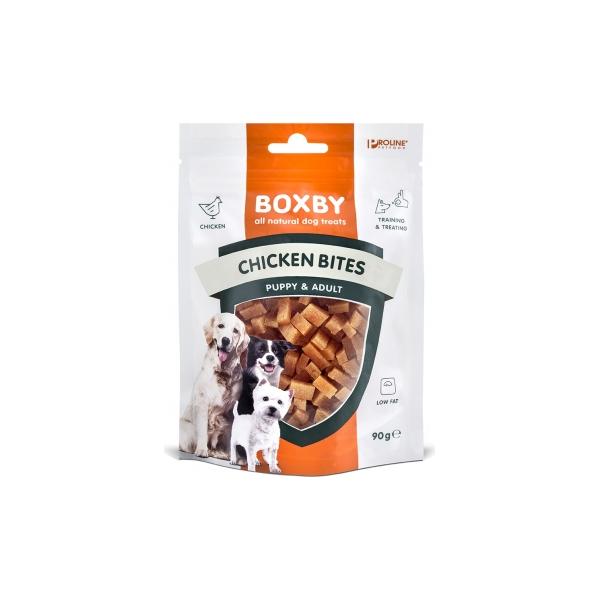 BOXBY CHICKEN BITES 90G - lisatoit koertele alates 9. elukuust, kana lihatükid