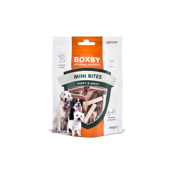 BOXBY CHICKEN MINI BITES PUPPY&ADULT 100G - täiendav toit kutsikatele alates 3 kuust ja täiskasvanud koertele. Kanaga ja kalaga.