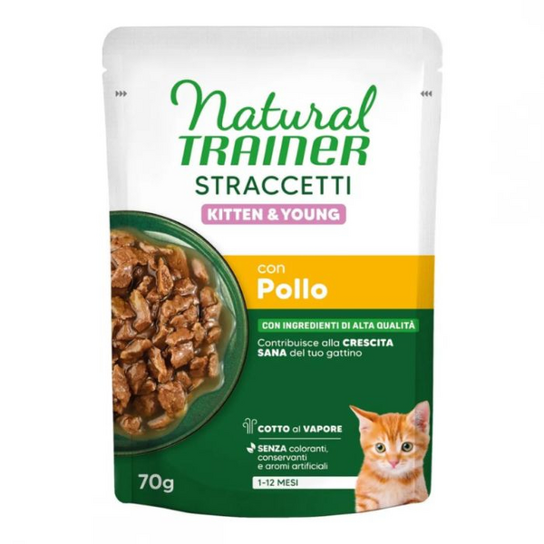 NATURAL TRAINER WET CAT STRACCETTI KITTEN CHICKEN 70 G - mitrā sabalansēta barība kaķēniem vecumā no 1 līdz 12 mēnešiem. Vistas gaļas gabaliņi mercē.