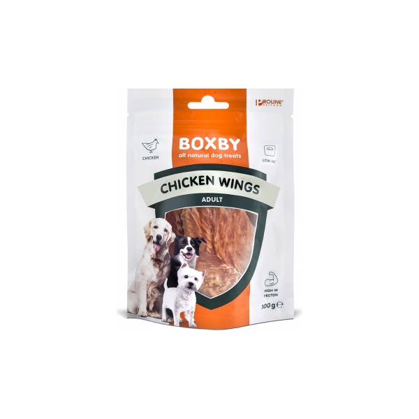 BOXBY CHICKEN WINGS 100G - täiendav toit täiskasvanud koertele, kuivatatud kana tükid.
